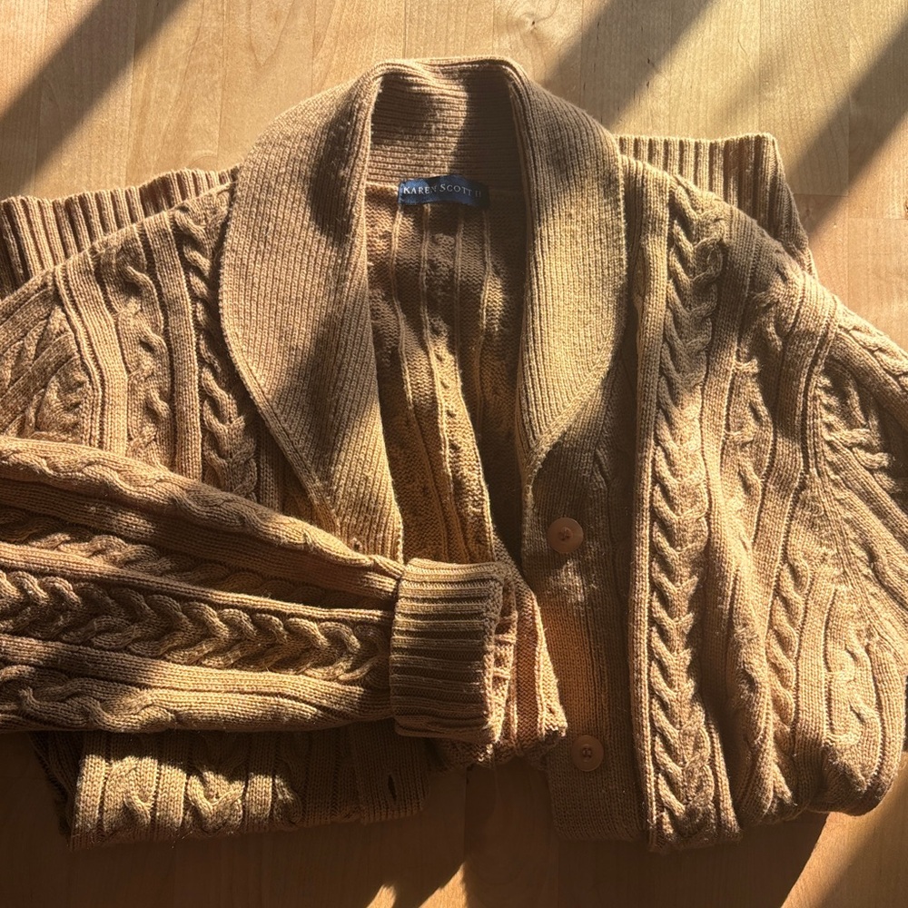 Karen Scott Camel Cable-Knit Shawl Collar Cardigan